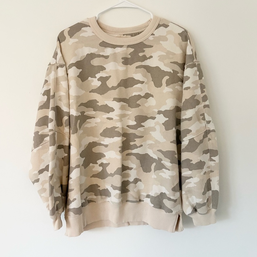 Aerie Tres Chic Sand Camouflage Oversized Crewneck Pullover Sweater Size XS - Picture 5 of 10